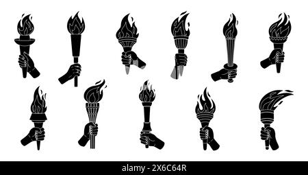 Hand holding torch Silhouette icons set. Sport symbol, Torch, Flame. silhouettes burning torches flames in hands isolated on white. Black and white Hand drawn Vector illustration Stock Vector