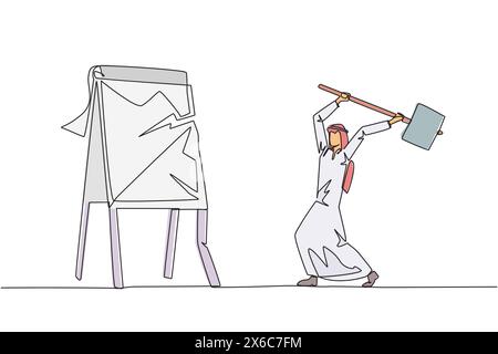 Continuous one line drawing Arab businessman preparing to hit the big flip chart. Rampage. Destroy business reports that are not as desired. Anger exp Stock Vector