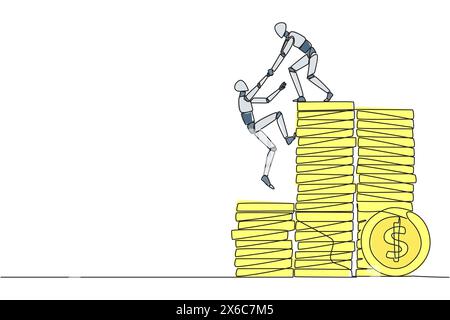 Continuous one line drawing robot helps colleague climb a pile of coins. Metaphor help achieve financial targets before entering retirement. Teamwork. Stock Vector