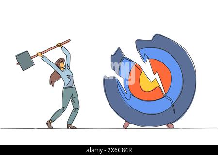 Single continuous line drawing businesswoman preparing to hit the big target arrow board. Rampage. Failed to focus, failed to get the promised reward. Stock Vector