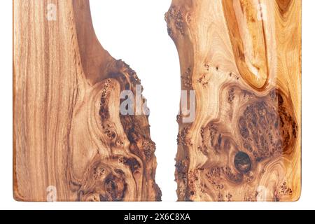 Live edge elm burl slab table top with central epoxy resin river on white background, top view of fragment elm epoxy table Stock Photo