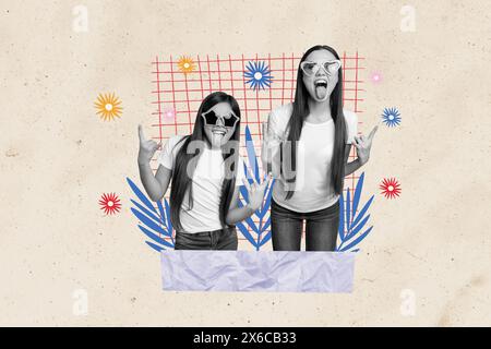 Creative image poster collage of crazy girl mother daughter sisters siblings over painting color background Stock Photo