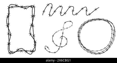 Twisted barbed wire silhouettes set in rounded and square shapes. Vector illustration of steel black wire barb fence frames. Concept of protection Stock Vector