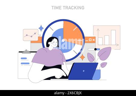 Time Tracking concept. A harmonious blend of schedule management and productivity analysis in remote work settings. Maximizing efficiency with smart time allocation. Vector illustration. Stock Vector