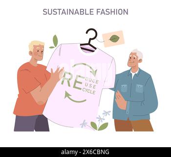 Sustainable Fashion set. Advocating for environmental responsibility with recycled clothing. Men showcasing a t-shirt with eco-conscious message. Circular economy in apparel industry. Stock Vector