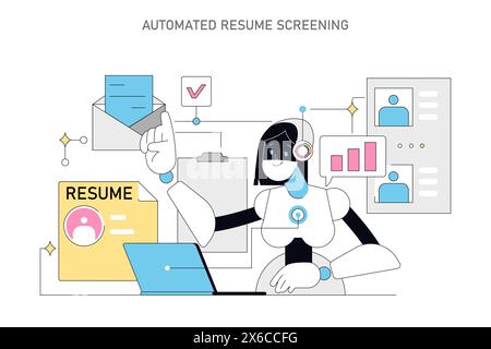 AI-powered recruitment process illustration. An advanced robot assesses resumes for efficient candidate selection. Digital hiring solution. Vector illustration. Stock Vector
