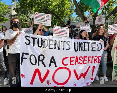 Berlin, Germany. 14th May, 2024. Pro-Palestinian demonstrators hold a banner calling for a ceasefire on the campus of the Technical University of Berlin. A large number of people gathered for a pro-Palestinian demonstration at the Technical University of Berlin on Tuesday. Credit: Sven Kaeuler/dpa/Alamy Live News Stock Photo