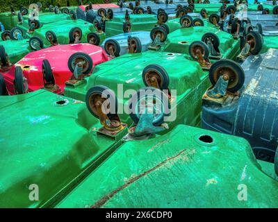 Upside down wheelie bins in Camber Sands car park Stock Photo