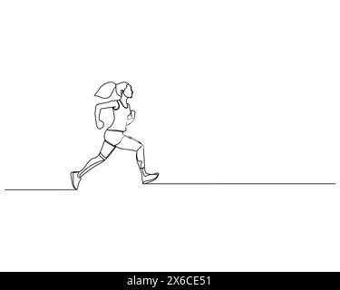 Continuous single line drawing of side view of a young woman with a sporty style jogging on a straight track. Healthy sport training concept. Design v Stock Vector