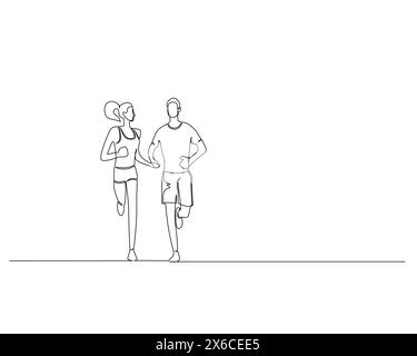 Continuous single line drawing of view from the front of a couple jogging together while holding hands. Healthy sport training concept. Design vector Stock Vector