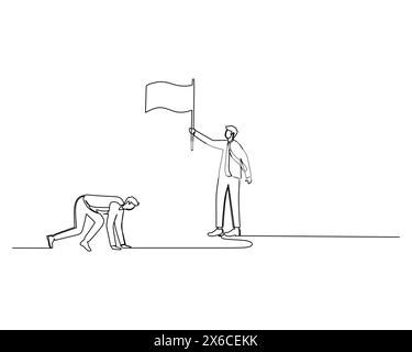 Continuous single line drawing of young energetic runner ready to sprint at start line in front of a man in a tie and suit who is holding a flag. Heal Stock Vector