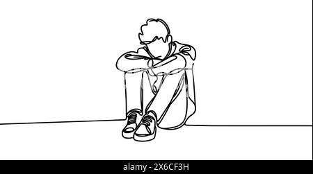 continuous single line drawing of crying woman covering face with hands ...