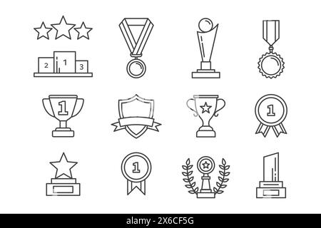 Set of outline icons of trophy, medal and champion award with ribbon Stock Vector