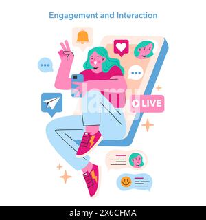 Engagement and Interaction concept. Illustration of a person using a smartphone surrounded by social media icons and live streaming elements. Digital communication and online interactions. Vector illustration. Stock Vector