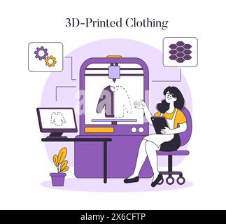 Fashion tech concept. Designer using a 3D printer for tailored clothes, innovation in custom fashion production. Sustainable and precise garment making. Vector illustration. Stock Vector