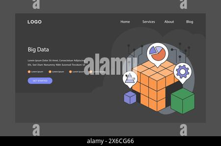 Big Data dark or night mode web, landing. Datasets with advanced analytics. Intricate network of data processing and storage. Centralized information management. Flat vector illustration Stock Vector