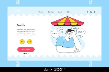 Neurosis web banner or landing page. Chronic stress and anxiety mental disorder. Worried man surrounded by anxious thoughts. Unhappy guy with intrusive thoughts. Flat vector illustration Stock Vector