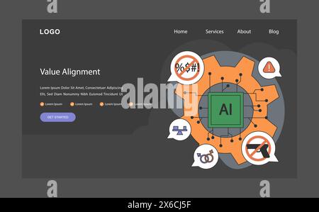 AI ethics dark or night mode web, landing. Artificial intelligence chip surrounded by value alignment ensuring ethical operation. Rejecting bias, violence, and hate. Flat vector illustration Stock Vector