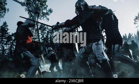 Epic Armies of Medieval Knights on Battlefield Clash, Plate Body Armored Warriors Fighting Swords in Battle. Bloody War and Savage Conquest. Historical Reenactment. Cinematic Shot Stock Photo