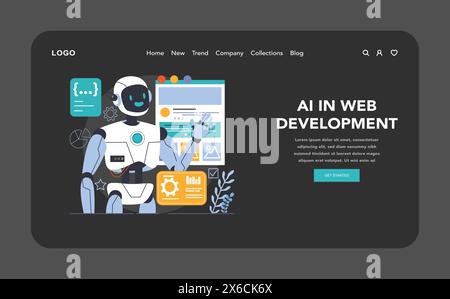 Ai integration dark or night mode web, landing. Artificial intelligence and human synergy. Neural network assistance and robotization. Big data processing. Flat vector illustration Stock Vector