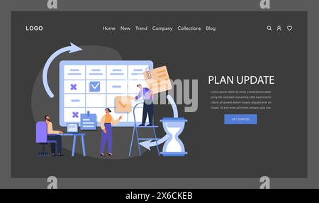 Team collaboratively updating a monthly schedule, with focus on task prioritization and tracking progress, ensuring efficient project management. Flat vector illustration. Stock Vector