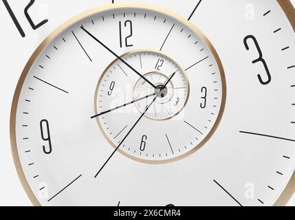 Infinity and other time related concepts. White clock face twisted in spiral, fractal pattern Stock Photo