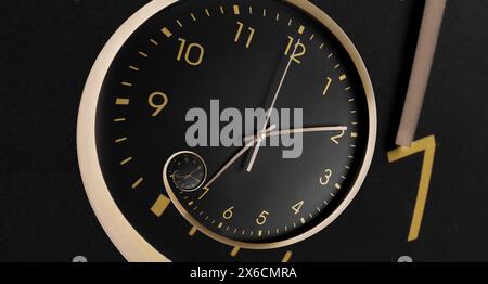 Infinity and other time related concepts, banner design. Black clock face twisted in spiral, fractal pattern Stock Photo