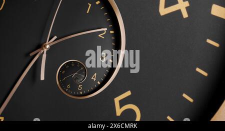 Infinity and other time related concepts, banner design. Black clock face twisted in spiral, fractal pattern Stock Photo