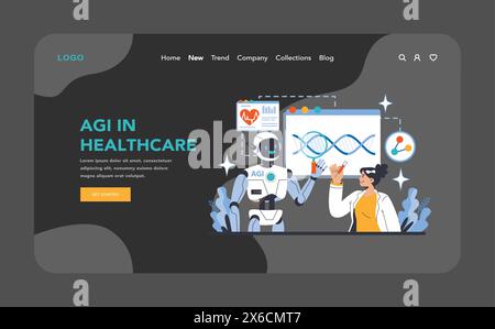 AGI night or dark mode web or landing page. Revolutionizing healthcare with AI diagnostics and genetic research. Interactive AI aiding medical professionals. Flat vector illustration. Stock Vector