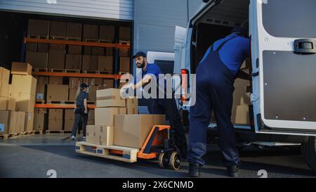 Outside of Logistics Distributions Warehouse: Diverse Team of Workers use Hand Truck Start Loading Delivery Truck with Cardboard Boxes, Online Orders, E-Commerce Purchases. Stock Photo