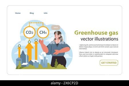Woman showcasing greenhouse gas emissions with CO2 and CH4 symbols. Urban landscape indicating major contributors. Educating on climate impact. Flat vector illustration. Stock Vector