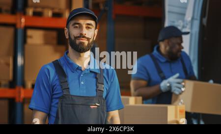 Portrait of Handsome Latin Male Worker Standing Outside of Warehouse Smiling, Looking at Camera. Frontline Hero Working, Delivering e-Commerce Online Orders. Stock Photo