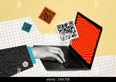 Composite photo collage of hands type macbook device spiral hypnosis wallpaper dependence concept propaganda isolated on painted background Stock Photo