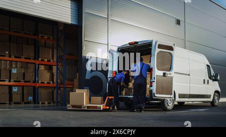 Outside of Logistics Distributions Warehouse With Manager Using Tablet Computer, Workers Start Loading Delivery Truck with Cardboard Boxes. Online Orders, Purchases, E-Commerce Goods. Stock Photo