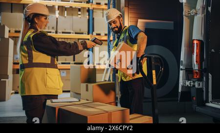 Outside of Logistics Retail Warehouse: Manager Using Tablet Computer and Scanner, talking to Worker Loading Delivery Truck with Cardboard Boxes, Online Orders, Medicine Supply, E-Commerce. Evening Stock Photo