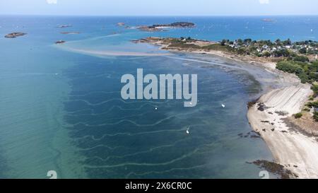 Aerial photograph of the seascape of the Saint-Jacut de la Mer peninsula and the Ebihens archipelago in the Cotes d'Armor department in the Brittany r Stock Photo