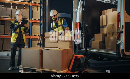 Outside of Logistics Distributions Warehouse: Female Manager Using Tablet Computer, talking to Worker Loading Delivery Truck with Boxes. Online Orders, Purchases, E-Commerce Goods. Stock Photo