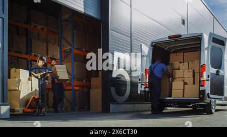 Outside of Logistics Distributions Warehouse With Manager Using Tablet Computer, Diverse Workers Loading Delivery Truck with Cardboard Boxes. Online Orders, Purchases, E-Commerce Goods. Stock Photo