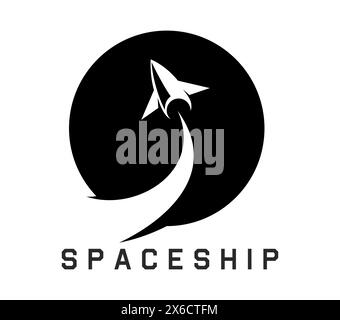 Spaceship icon of space ship, rocket and shuttle vector silhouette. Rocket startup or spaceship launch with takeoff smoke trace. Isolated round symbol of retro spacecraft, space travel and astronomy Stock Vector