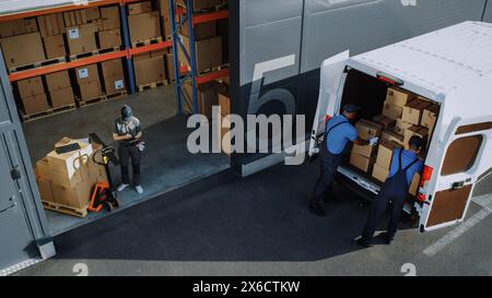 Outside of Logistics Distributions Warehouse: Diverse Team of Workers Inventory and use Hand Pallet Truck Start Loading Delivery Truck with Cardboard Boxes, Online Orders, Purchases, E-Commerce Goods Stock Photo