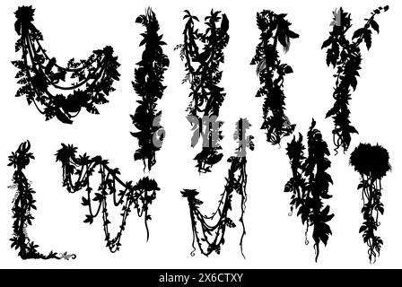Vertical jungle tropical liana branch vines silhouettes, vector ivy plant leaves. Creeper tree hanging branches of jungle forest liana vines for frame borders or park and rainforest garden foliage Stock Vector