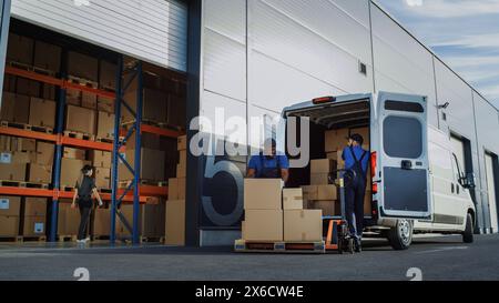 Outside of Logistics Distributions Warehouse: Diverse Team of Workers Inventory and use Hand Pallet Truck Start Loading Delivery Truck with Cardboard Boxes, Online Orders, Purchases, E-Commerce Goods Stock Photo