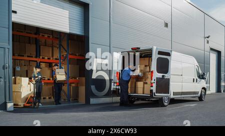 Outside of Logistics Distributions Warehouse With Manager Using Tablet Computer, Diverse Workers Loading Delivery Truck with Cardboard Boxes. Online Orders, Purchases, E-Commerce Goods. Stock Photo