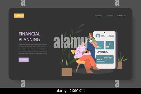 Financial Planning concept. Couple engaged in digital banking and savings management. Secure future through smart finance. Stock Vector