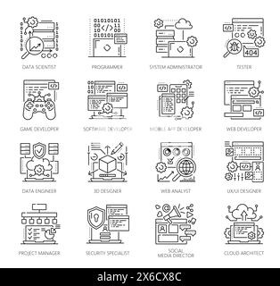 Web development. IT specialist icon, career and job vacancy. IT professions vector thin line signs, programmer, software, mobile app and game developers, 3d designer, web analyst and project manager Stock Vector