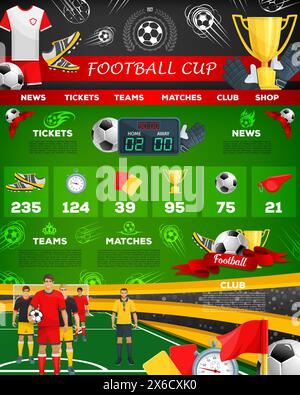 Germany 2024 euro soccer cup infographic with key elements such as news, tickets, teams, matches, club, and shop sections. Football players, trophies, uniform items, statistics, and a stadium scene Stock Vector