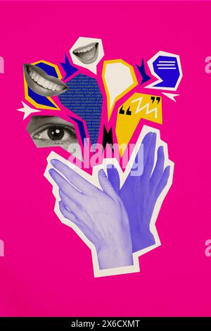 Composite collage image of speech comics bubble people face elements hands talk message conversation fantasy billboard comics zine minimal Stock Photo