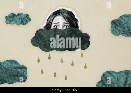 Composite photo collage of upset frightened girl half face peek cloud bad weather rain drop autumn forecast isolated on painted background Stock Photo