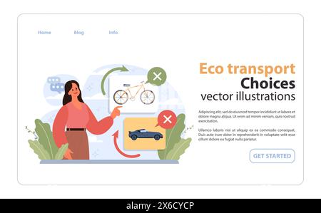 Eco Transport Choices concept. Woman highlights a bicycle as a green option while rejecting the car. Embracing eco-friendly mobility for a sustainable future. Flat vector illustration Stock Vector