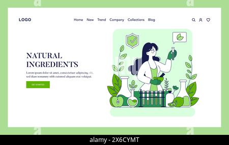 Ethical Cosmetics concept. Illustration showcasing natural skincare products with a scientist testing plant-based ingredients. Organic beauty research and development. Vector illustration. Stock Vector